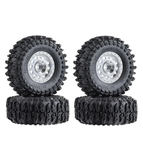 1.3" Wheel Tires Set, Beadlock Wheel Rims with Swamp Claw Mud Terrain Rubber Tires 70 * 27mm for 1/18 TRX4M 1/24 SCX24 FCX24 RC Crawler Car,Type E,Silver