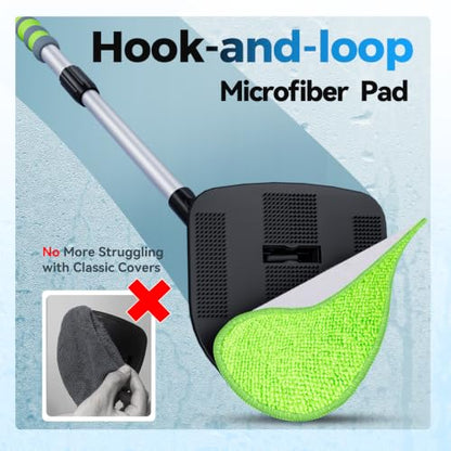 XINDELL Interior Windshield Cleaner Tool, Car Window Cleaning Kit with 4 Reusable Microfiber Pads, Extendable Handle & 360° Rotating Head, Safety Hammer, Streak-Free Auto Glass Wiper for Truck SUV RV - color: Green