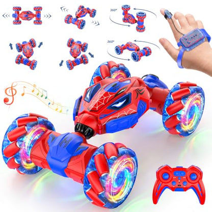 VisionX RC Stunt Car, 4WD 360° Rotating Gesture Sensing Remote Control | Outdoor Cars Toys for Ages 6-12, Double‑Sided with Lights, Music & Spray, 2 Replaceable Batteries - color: Red-spider