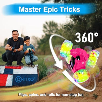 Contixo SC3 RC Stunt Car, Pink 2.4GHz 4WD Double-Sided 360° Rotating flip Racer Remote Control Toy Cars with LED Lights for Kids Girls Boys Age 4-12 Birthday Gift - color: Pink