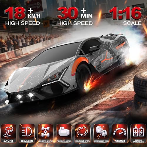RC Drift Car, 1:16 Remote Control Car 2.4Ghz High Speed RC Cars 4WD Racing Sport Toy Cars with LED Lights, Spray, Drifting Tires, 2 Batteries for Kids Boys Girls Adults Birthday Christmas - color: Silver