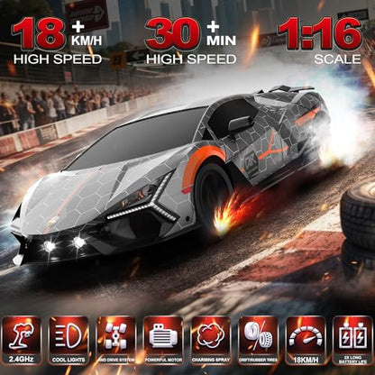RC Drift Car, 1:16 Remote Control Car 2.4Ghz High Speed RC Cars 4WD Racing Sport Toy Cars with LED Lights, Spray, Drifting Tires, 2 Batteries for Kids Boys Girls Adults Birthday Christmas - color: Silver