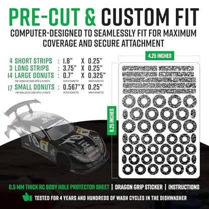 Dragon Grips RC Body Clip Hole Protectors, 49pcs, Black PVC Stickers | For 1/10 RC Crawler Body Shells, Stick-On Accessories, Prevent Clip Hole Damage & Cracking, Protect Custom-Painted Bodies - color: Black/49pc