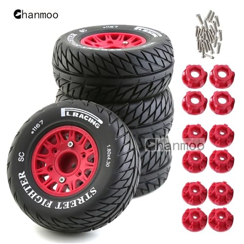 1/10 RC Short Course Truck Tires And Wheels With 12mm 14mm 17mm Hex 113mm 1/8 Rubber Tyres For 1/8 or 1/10 Scale On Road Car HSP Sonic 94102 GT PTG-2 Tamiya TT02 RC Racing Car 4PCS (Red B) - color: Red B