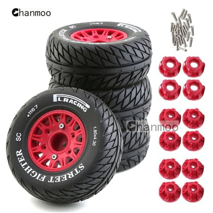 1/10 RC Short Course Truck Tires And Wheels With 12mm 14mm 17mm Hex 113mm 1/8 Rubber Tyres For 1/8 or 1/10 Scale On Road Car HSP Sonic 94102 GT PTG-2 Tamiya TT02 RC Racing Car 4PCS (Red B) - color: Red B