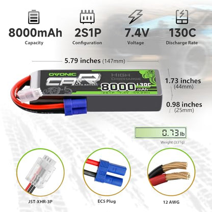OVONIC 2S LiPo Battery 8000mAh 7.4V 130C RC Battery with EC5 Connector (2 Pack)