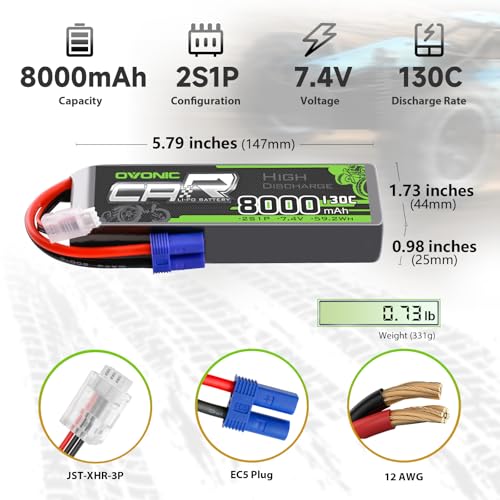 OVONIC 2S LiPo Battery 8000mAh 7.4V 130C RC Battery with EC5 Connector (2 Pack)