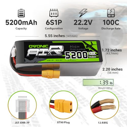 OVONIC 22.2V 100C 5200mAh 6S Lipo Battery with XT90 and AS150 Plug for RC Car Boat Truck Helicopter Airplane Racing Models