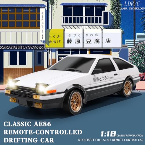 1:18 AE86 Model LD1801 RC Drift Car 1/18 2.4G Remote Control on Road ESP Gyroscope LED Mini RC Racing Cars (White)