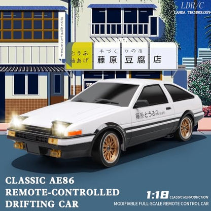 1:18 AE86 Model LD1801 RC Drift Car 1/18 2.4G Remote Control on Road ESP Gyroscope LED Mini RC Racing Cars (White)