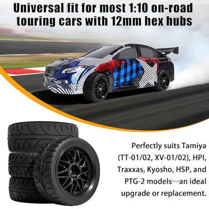 OD 2.55" On Road Rubber Tires Nylon Wheels- 12mm Hex for 1/10 RC Racing Car | Compatible with MJX HSP Tamiya HPI Kyosho Traxxas Sakura Redcat WLtoys 1/10 RC On-Road Racing Touring Car (4pcs, Black) - style: B-Black