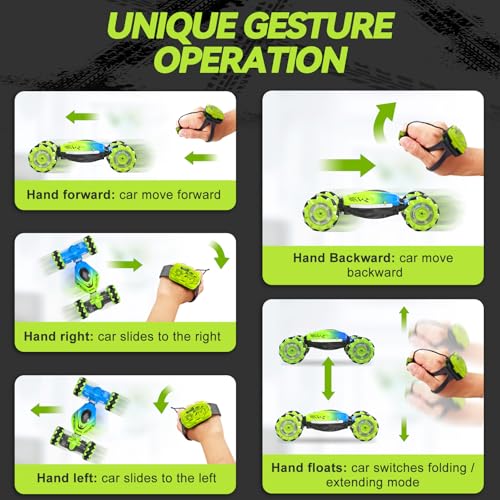 Dysaim Gesture RC Car Hand Controlled Stunt Car for 6-12 yr Boys Girls, 2.4GHz Remote Control Gesture Sensor Toy Drift Twist with Light Music for Kids Birthday Xmas Gift - color: Geen-blue