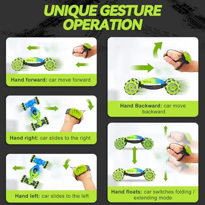 Dysaim Gesture RC Car Hand Controlled Stunt Car for 6-12 yr Boys Girls, 2.4GHz Remote Control Gesture Sensor Toy Drift Twist with Light Music for Kids Birthday Xmas Gift - color: Geen-blue