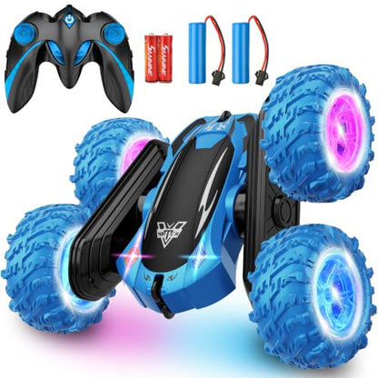KKONES Remote Control Car, 2.4GHz Double Sided 360° Flips RC Stunt Car | LED Wheels & Headlight 4WD Race Stunt Car, High Speed Off Road Cars Toy Gift for 3 4 5 6 7 8-12 Year Old Boy Toys (Blue) - color: Blue