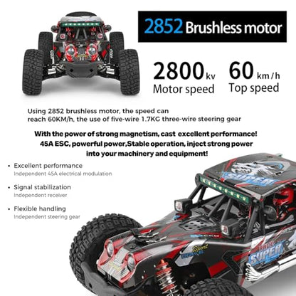 GoolRC WLtoys 124028 Brushless Fast RC Cars, 1:12 Scale 60KM/H High Speed Remote Control Car, 4WD All Terrains Off Road RC Monster Truck with Metal Chassis and LED Lights, 2 Batteries for Adults