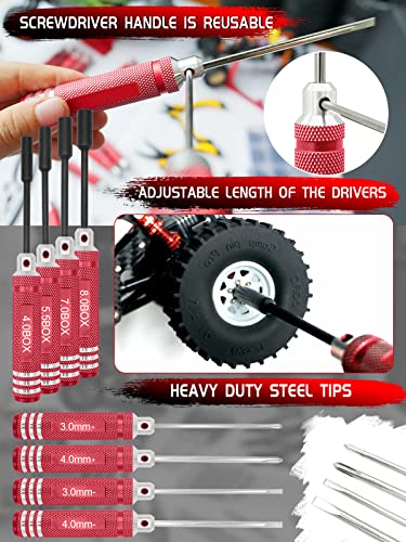 RC Tool Kit, 1/10 1/8 RC Tool, RC Car Boat Helicopter Repair Tools - 27pcs | Include Screwdriver (Flat, Phillips, Hex), Work Stand, Screw, Pliers, Body Reamer, Wrench, Tray, Storage Rack (Red) - color: Red