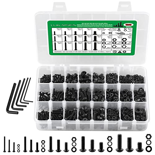 1500PCS Screw Assortment Kit, M2-M6 10.9 Alloy Steel Hex Button Cap Bolts | With Nuts & Flat Washers & Lock Washers & Wrench, Black Zinc Plated High-Tensile, Length 10-20mm, for 3D Printing, DIY, Home - size: M2 M3 M4 M5 M6 1500pcs 2