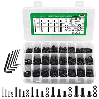 1500PCS Screw Assortment Kit, M2-M6 10.9 Alloy Steel Hex Button Cap Bolts | With Nuts & Flat Washers & Lock Washers & Wrench, Black Zinc Plated High-Tensile, Length 10-20mm, for 3D Printing, DIY, Home - size: M2 M3 M4 M5 M6 1500pcs 2
