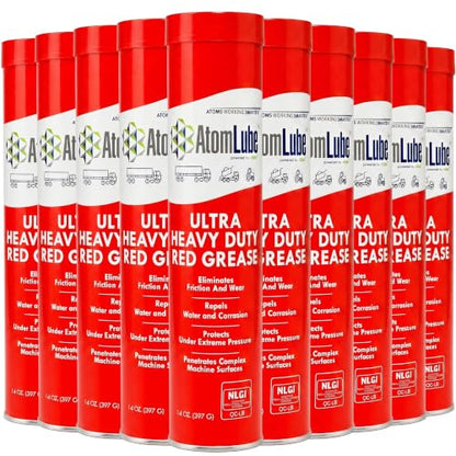 AtomLube Ultra Heavy Duty Red Grease, 10-Pack of 14 oz Tubes | High Temp Waterproof NLGI# 2 Lithium Wheel Bearing Grease for Trucking, Automotive, Trailers, & Agricultral Equipment - size: 10-Pack