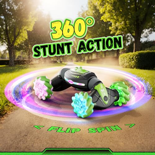 Contixo Kids Large Remote Control Car with Gesture Sensor, 4WD 360° Spins, Music, Lights & Spray, Side Drifts, Double-Sided Driving Off-Road Stunt Car Vehicle Birthday Gift for Boys Ages 5,6,7, Green - color: Green