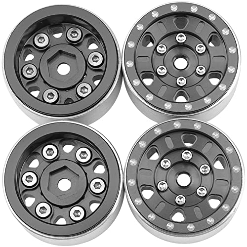 4Pack HIRCQOO 1.0" SCX24 Beadlock Wheels Rim 7mm Hex Wheel Rims Compatible with Axial 1/24 AXI90081 AXI00002V2 C10 Gladiator RC Micro Beadlock Wheels Crawler Car (Black) - color: Black