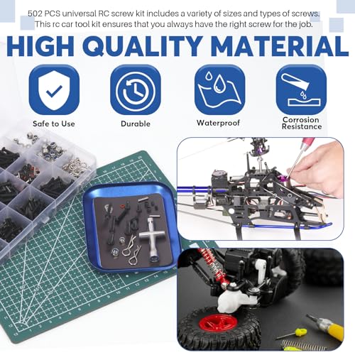 Glarks 502Pcs Universal RC Screw Kit Screws Assortment Hex Socket Head Screws and Tools Set Hardware Fasteners compatible with Traxxas Axial Redcat HPI Arrma Losi 1/8 1/10 1/12 1/16 Scale RC Car Truck