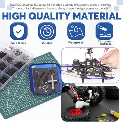 Glarks 502Pcs Universal RC Screw Kit Screws Assortment Hex Socket Head Screws and Tools Set Hardware Fasteners compatible with Traxxas Axial Redcat HPI Arrma Losi 1/8 1/10 1/12 1/16 Scale RC Car Truck
