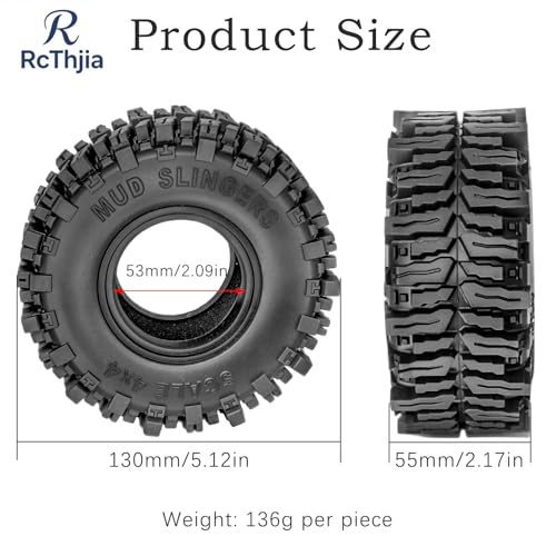 2.2 Crawler Tires – 1/10 RC Crawler Mud Terrain Super Grip Soft Rubber Tyre for RC Crawlers，OD 130mm x 55mm，2.2 Mud Tires Compatible with Traxxas TRX4, Axial SCX10, 90047, D90, TF2, Tamiya CC01 (4pcs)