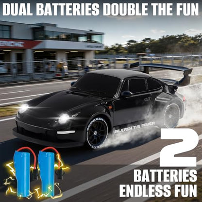 RC Drift Car,1:24 Scale Remote Control Car, 2.4GHz 20KM/H 4WD High Speed RC Cars for Kids with LED Light, Two Batteries,Drifting Tires,Racing Vehicle Toy for Adults Boys Girls Black - color: Black