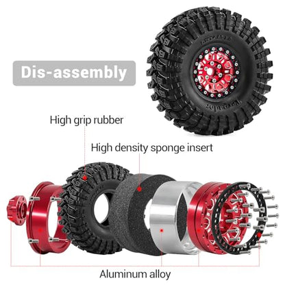 1.9" Beadlock Aluminum Wheels and 124mm Soft Rubber Tires | for SCX10 TRX4 1/10 RC, 12mm Hex, 0mm Offset, with Foam Inserts, RC Crawler Upgrade Parts (Red) - color: Red