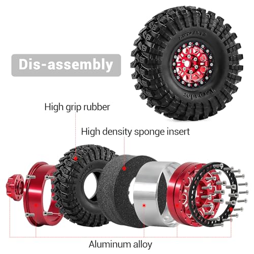 1.9" Beadlock Aluminum Wheels and 124mm Soft Rubber Tires | for SCX10 TRX4 1/10 RC, 12mm Hex, 0mm Offset, with Foam Inserts, RC Crawler Upgrade Parts (Red) - color: Red