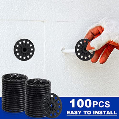 Fabbay 100 Pcs Polypropylene Washers 60 mm for Fixing Supporting Rigid Foam Insulation Panels and Sheets Load Spreading Plastic Washers Flat for Screws and Nail, Black