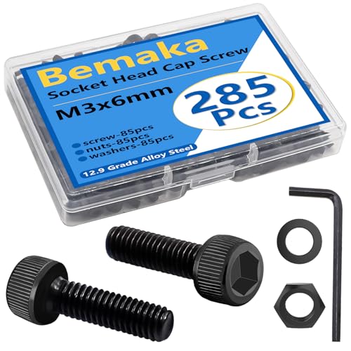 285PCS M3 x 6mm Screws with Nuts and Washers, Hex Socket Head Cap Screws 12.9 Grade Alloy Steel M3 Bolts with Hex Wrench - size: M3 x 6mm, style: Socket Head
