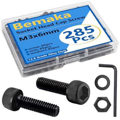 285PCS M3 x 6mm Screws with Nuts and Washers, Hex Socket Head Cap Screws 12.9 Grade Alloy Steel M3 Bolts with Hex Wrench - size: M3 x 6mm, style: Socket Head