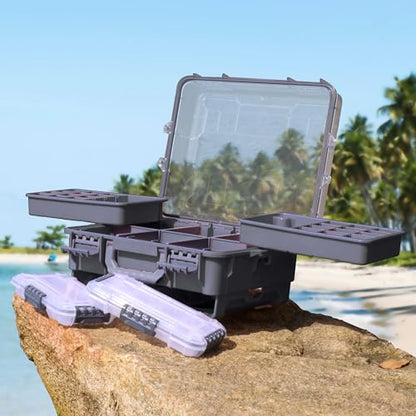RUNCL Universal Fishing Tackle Box with Two Small Tackle Tray, Removal Inside Design Waterproof Trunk Storage Box, Thicker Floating Airtight Stowaway, Xmas Surprise Fishing Gifts for Men Women - color: Grey