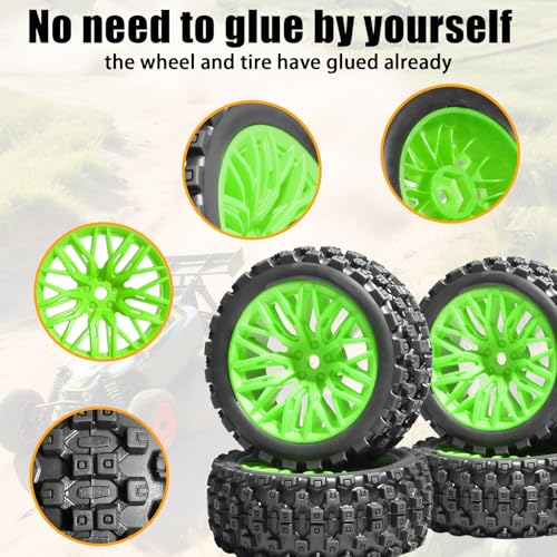 4PCS Pre-Glued RC Crawler Car Rubber Tires and Plastic Wheels Set, 70mm*26mm Tires and Rims with 12mm Hex Fits for ARRMA 1/14 1/16 1/18 Granite/Typhon Grom RC On/Off Road Crawler Truck Car (Green) - color: Green