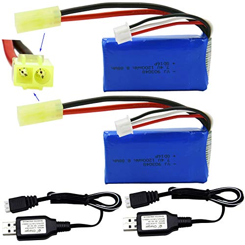 Blomiky 2 Pack 7.4V 1200mAh 8.88Wh Li-PO Battery and 2 USB Charger Cable Replacement for 1/18 Scale 9310YL 9300 9301E 9302E 9303E 9304E 9305E RC Truck / 9300 1200 2