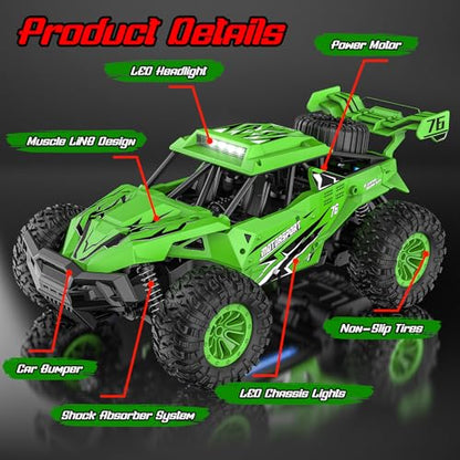 BLUEJAY Remote Control Car, 2.4GHz High Speed 33KM/H RC Cars Toys | 1:12 Monster RC Truck Off Road with LED Headlight and Rechargeable Battery Gifts for Adults Boys 8-12 - color: Green