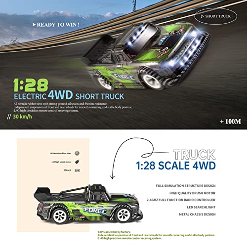 RC Car, Remote Control Car 1/28 Short Truck Car 2.4GHz Remote Control Race Car 30km/h High Speed Gift RTR with Metal Chassis 2 Battery for Adults