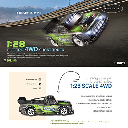 RC Car, Remote Control Car 1/28 Short Truck Car 2.4GHz Remote Control Race Car 30km/h High Speed Gift RTR with Metal Chassis 2 Battery for Adults