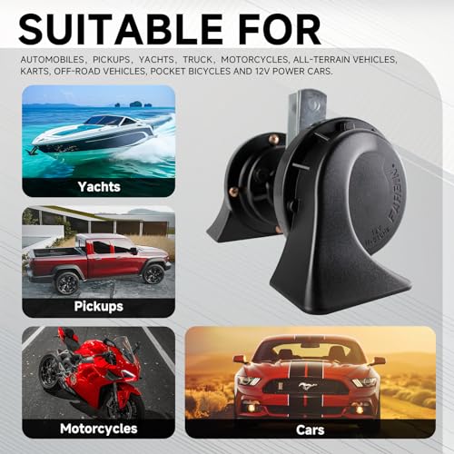 FARBIN 12V Electric Air Horn Kit for Truck Car Motorcycle with Wire Harness | Black classic design, waterproof, 12V 130dB loud, with relay wiring harness, universal for any 12V vehicles - style: 12V Black horn with wire harness