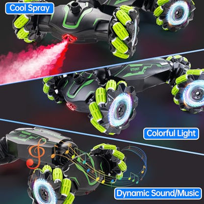 Remote Control Car for Boys, 4WD Gesture Sensing RC Stunt Car with Cool Music Light, 360° Rotating Flips Off-Road Vehicle Twist Car Toys for Kids Age 6-12 (Green) - color: L-green