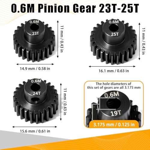3PCS 0.6M Hardened Steel Pinion Gear Set with 3.175mm Shaft, 0.6 Metric Pitch 23T 24T 25T Pinion Gears for 540 550 Brushed Brushless Motor, Compatible with 1/10 Tamiya Redcat HSP HPI RC Car - size: 23 24 25T