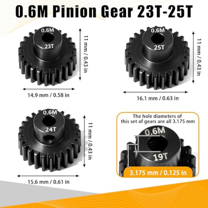 3PCS 0.6M Hardened Steel Pinion Gear Set with 3.175mm Shaft, 0.6 Metric Pitch 23T 24T 25T Pinion Gears for 540 550 Brushed Brushless Motor, Compatible with 1/10 Tamiya Redcat HSP HPI RC Car - size: 23 24 25T