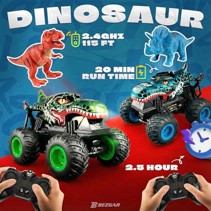 BEZGAR Monster Truck Toys, 1:20 Remote Control Car with Light & Music | Blue Dinosaur Toys for Kids, RC Truck with 360° Spins and Drifting, Toy Car Gifts for Boys, Battery Life of 20 Minutes - color: Blue