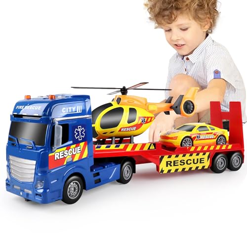 Dwi Dowellin Tow Truck Toy for Kids,25.6" Semi Truck Toy with Racing Car and Helicopter, Semi-Trailer with Lights & Sounds,Birthday Gift for 2 3 4 5 Years Old Boys and Girls - style: Tow Truck