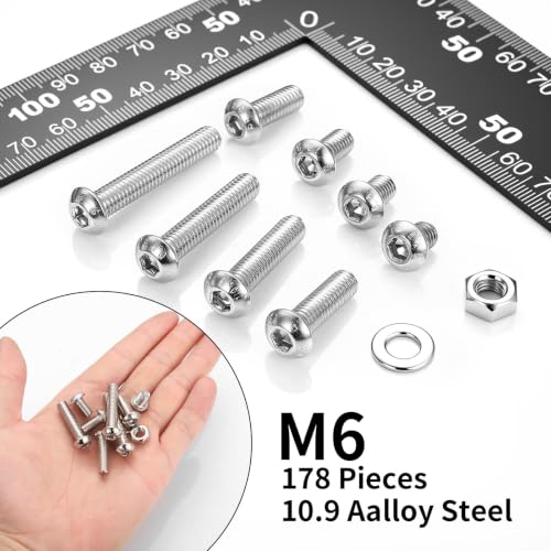 178 Pcs M6 Screws Assortment Kit, Metric Nuts and Bolts Assortment Kit, Hex Socket Button Head Cap Screw Bolts and Nuts Kits, Hex Socket Screw Set, Machine Screws Set, with Spanner(Silver) - size: M6