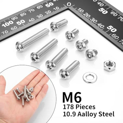 178 Pcs M6 Screws Assortment Kit, Metric Nuts and Bolts Assortment Kit, Hex Socket Button Head Cap Screw Bolts and Nuts Kits, Hex Socket Screw Set, Machine Screws Set, with Spanner(Silver) - size: M6