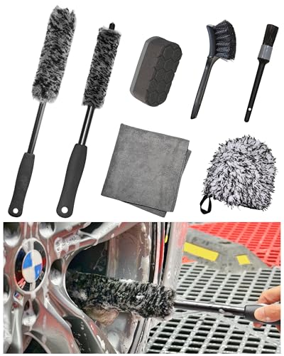 7PCS Pro-Grade Wheel Cleaning Kit: Long Handle Soft Wheel Brushes, Detailing Brush, Tire Scrubber, Wash Mitt, Hex-Logic Applicator & Microfiber Towel for Deep Car Detailing - size: 7 Packs