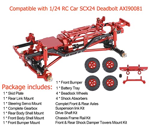 Metal RC Frame Chassis Assembled Frame Chassis for 1/24 RC Crawler SCX24 Deadbolt AXI90081 Upgrades (with Wheels) (Red) - color: Red